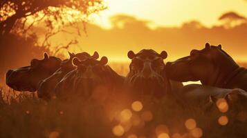 A group of hippos bask in the warm light of a sunrise their silhouettes creating a peaceful and serene scene photo