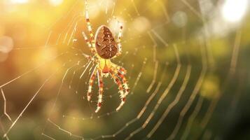 A spider hanging from its web its translucent body illuminated by the sun as it waits for prey photo