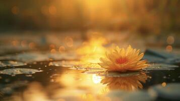 A shallow pond mirroring the vibrant oranges and yellows of the sunset with a lone flower floating peacefully on the surface photo