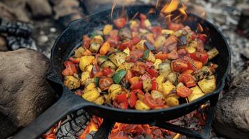 The fire slowly roasts the vegetables to perfection creating a rich and smoky fireside ratatouille. Savor every bite of this simple yet delicious dish reminiscent of a war photo