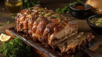 A succulent slice of Cuban lechon tender and juicy with a crispy crackling skin. The bold blend of citrus garlic and herbs infuses every bite with a burst of traditional Cuba photo