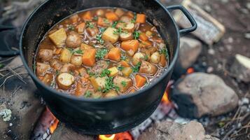 Freshly chopped herbs and hearty chunks of vegetables add a burst of flavor to this Dutch oven campfire stew simmering over the open flames and making for a delicious an photo