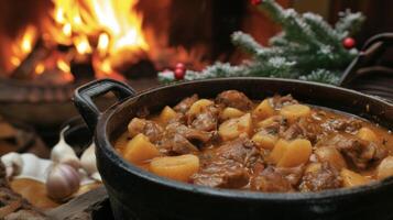 A hearty stew full of robust flavors and warm comforting ingredients simmering next to the fireplace and beckoning for a sful photo