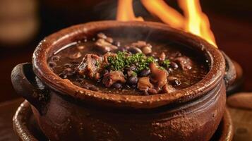 A traditional clay pot holds a treasure trove of Brazilian Feijoada its dark broth revealing tender pork and plump black beans. As the flames dance in the background the dis photo