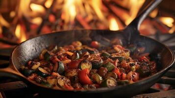 As the flames crackle and dance in the background the savory scent of fireside ratatouille fills the air. Each bite bursts with a burst of smoky charred flavors from the roaste photo