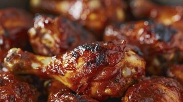 A closeup shot of tender BBQ chicken its juicy meat falling off the bone coated in a fiery red marinade and topped with charred bits of caramelized onions photo