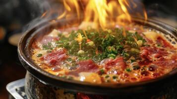 A bubbling hot pot of tonguetingling heat topped with an array of tantalizing meats and vegetables set ablaze with flames that dance around the edges photo