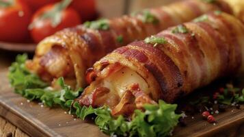A tantalizing dish of grilled bacon wrap showcasing the smoky flavors of grilled bacon complemented by the sweetness of the filling inside photo