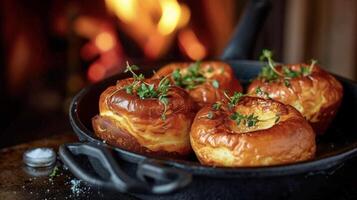 As the fire crackles in the background indulge in the light and airy texture of these traditional Yorkshire puddings lovingly prepared and served straight from the skillet photo