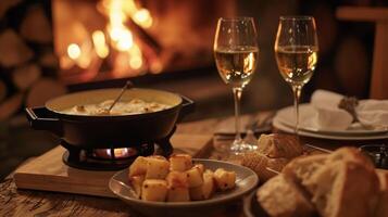 Get lost in the relaxing ambiance of a quiet night in with the focal point being a bubbling pot of savory fondue and a roaring fire to keep you warm and toasty photo