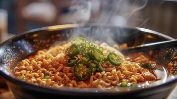 Waves of heat emanate from a bowl of ramen filled with jalapenos garlic and sizzling hot chili paste photo