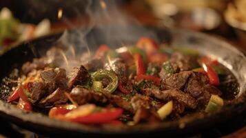 The unmistakable sound of meat sizzling on a hot platter pairs perfectly with the y aroma of TexMex seasonings. Juicy and tender these fajitas are ready to be devoured photo