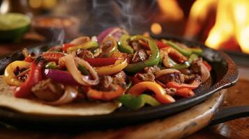 A platter of sizzling fajitas with a medley of colorful peppers and onions hot off the grill and served with warm tortillas. Flames dance in the background adding to the sizzlin photo
