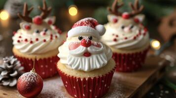 Get into the holiday spirit with these festive cupcakes decorated with Santas jolly face and his trusty reindeer. Set them next to a crackling fire and watch as the frostin photo