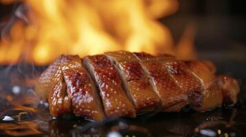Bite into the crispy crackling skin of Peking duck revealing succulent layers of meltinyourmouth meat. The smoldering fire in the background adds depth to the dishs bold an photo