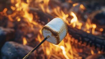A plump marshmallow skewered on a stick and held over the glowing embers of a campfire slowly turning golden brown and gooey photo