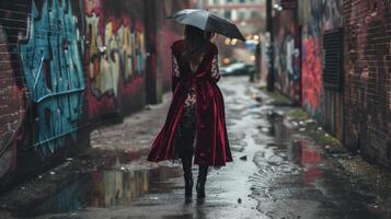 A rich burgundy velvet trench coat worn over a lace dress and paired with thighhigh boots exudes a sense of gothic glamor in a rainy city alleyway photo