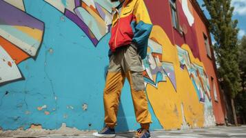 This outfit features a bold and colorful windbreaker paired with relaxedfit cargo pants and classic skate shoes. Perfect for a day of skating or just hanging out with friends photo