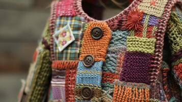 A knit vest handcrafted with lovingly woven patches from various fabrics adding a touch of whimsy to a simple outfit photo