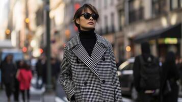 A black and white houndstooth print trench coat layered over a black turtleneck and trouser combo giving off a refined and sophisticated vibe against a bustling city street photo