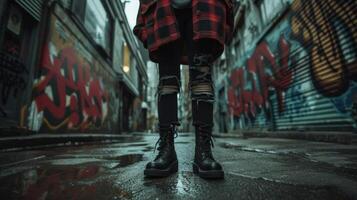 A turtleneck sweater under a plaid flannel shirt paired with ripped black skinny jeans and combat boots. The backdrop of a dark alley with graffiti enhances the grunge aesthetic photo