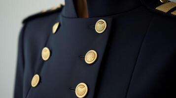 A navy blue midi dress with gold buttons and epaulettes capturing the elegance and strength of military fashion. Perfect for a lunch meeting with important clients photo