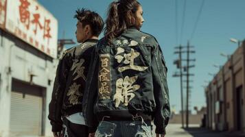 A statement bomber jacket with bold Chinese characters emblazed on the back paired with distressed denim for an urban and trendy East meets West look photo