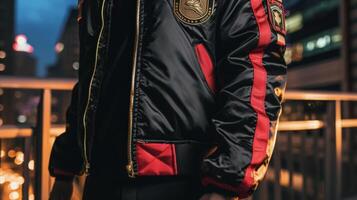 A black and red bomber jacket with gold trim and bold insignia patches taking inspiration from fighter pilot uniforms. The ideal look for a night out at a rooftop bar photo