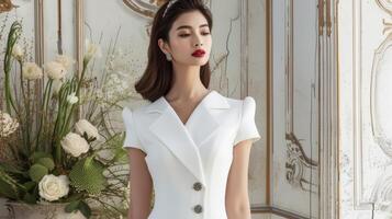A structured white midi dress with a statement collar and bold buttons oozes retro glamour ideal for a fancy dinner party in a grand ballroom photo