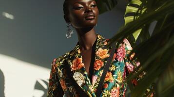 A statement blazer featuring a dramatic and eyecatching abstract floral print adding a touch of sophistication to any outfit photo