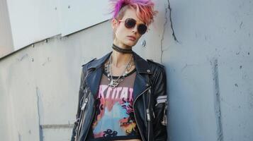 Get creative with layering for a unique and eyecatching punk look. Layer a printed tee over a mesh top and pair it with a leather jacket and distressed jeans. Top it off wit photo