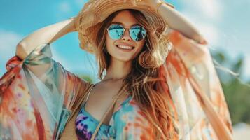 A colorful and flowy tiedye maxi dress worn with a straw fedora oversized sungles and a straw beach bag for a fun and vibrant beach look. Background Dancing on the beach a photo
