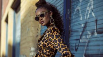 A sleek jumpsuit in a modern giraffe print accessorized with bold statement jewelry and chunky platform heels. A trendy and fashionforward look for a night of dancing in th photo