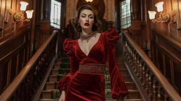A bold red velvet dress with a high neckline and flared sleeves adorned with elaborate beading and a tel belt. Paired with a sleek bob and a statement necklace. The backgroun photo