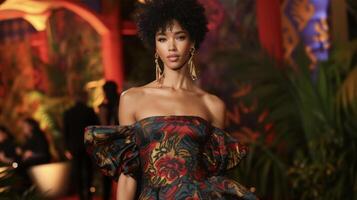 A gl offtheshoulder dress in a dramatic s print accessorized with gold hoop earrings and spy stilettos. A showstopping choice for a red carpet event photo