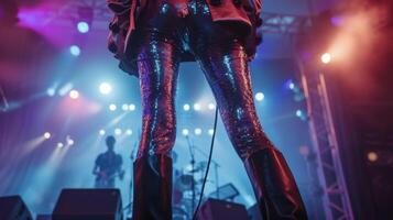 A sequined blazer dress paired with sleek black thighhigh boots and shimmering silver tights. Accessorized with a studded belt and oversized sungles. Background A highen photo