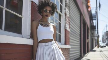 For a more feminine take on the skater look try pairing a graphic crop top with a flowy skater skirt and a pair of classic sneakers. This outfit is perfect for a day of skatin photo