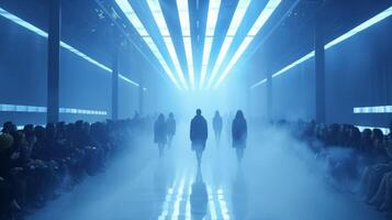 Background The models walk down a runway surrounded by fog and blue lights giving the illusion of being in outer space photo