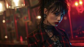 A highnecked lace dress with a leather bustier top layered with a tartan blazer and accessorized with spiked earrings and a studded clutch. This look exudes punk sophisticatio photo