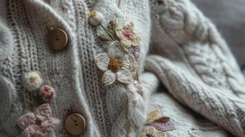 A cozy cardigan knitted with soft wool and adorned with handsewn patches of fabric in delicate floral patterns perfect for a cozy day at home photo