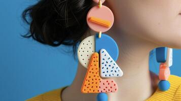 Quirky and colorful 3D printed statement earrings featuring a mix of geometric shapes and textures perfect for a lively city atmosphere photo