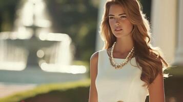 Add a touch of sophistication to your preppy style with a crisp white shift dress accessorized with a gold belt and pearl necklace. Perfect for an afternoon brunch at th photo