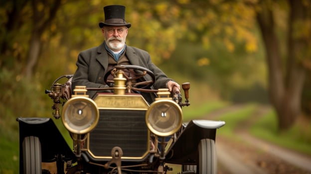 Background On a leisurely afternoon this gentleman takes a drive through the countryside in his luxurious motorcar powered by a steam engine photo