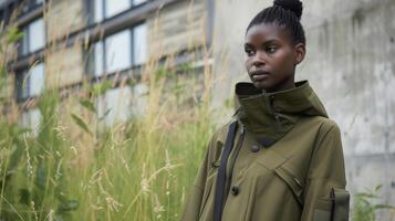 A chic and functional trench coat with 3D printed weatherproof material ready for a rainy day exploring the urban jungle photo