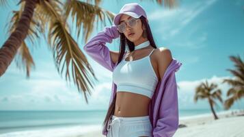 A white crop top and matching highwaisted shorts topped with a purple zipup jacket and visor perfect for a morning jog or power walk on the beach. The crisp ocean breeze an photo