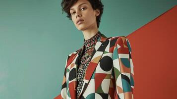 A tailored blazer with a bold geometric print and sleek lapels reflecting the sophisticated and modern aesthetic of Art Deco fashion photo
