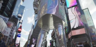 A futuristic twist on the classic trench coat featuring a metallic silver trench coat with a holographic iridescent sheen paired with metallic silver boots. The background include photo