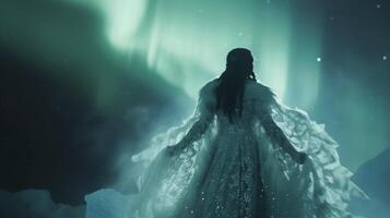 A floorlength sparkling white cloak with fur accents paired with a longsleeved lace dress for an ethereal and enchanting look. The queen dances under the Northern Lights he photo