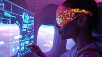 In an airplane cabin holographic displays provide pengers with realtime flight updates weather information and inflight entertainmen photo