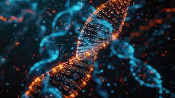 A holographic representation of a DNA strand displaying genomic and genetic data for researchers and clinicians to study and use i photo
